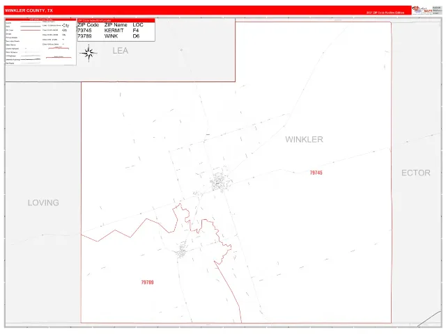 Winkler County, TX ZIP Code Wall Map, RedLine style