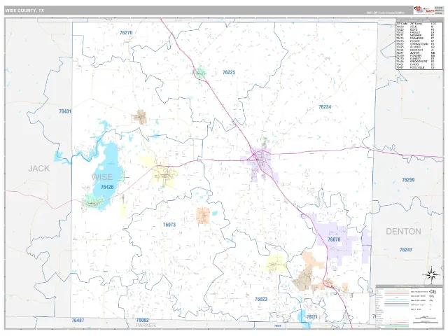 Wise County, TX ZIP Code Wall Map, Classic style