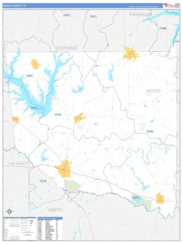 Wood County, TX ZIP Code Wall Map, Business Reference style