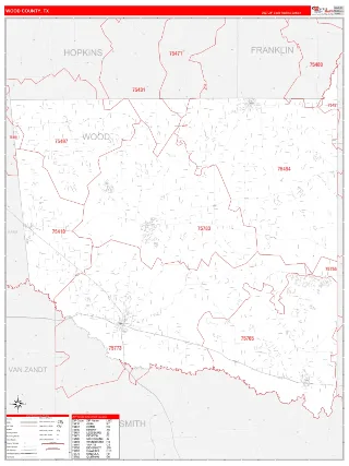 Wood County, TX RedLine style ZIP Code wall map