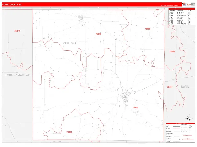 Young County, TX ZIP Code Wall Map, RedLine style