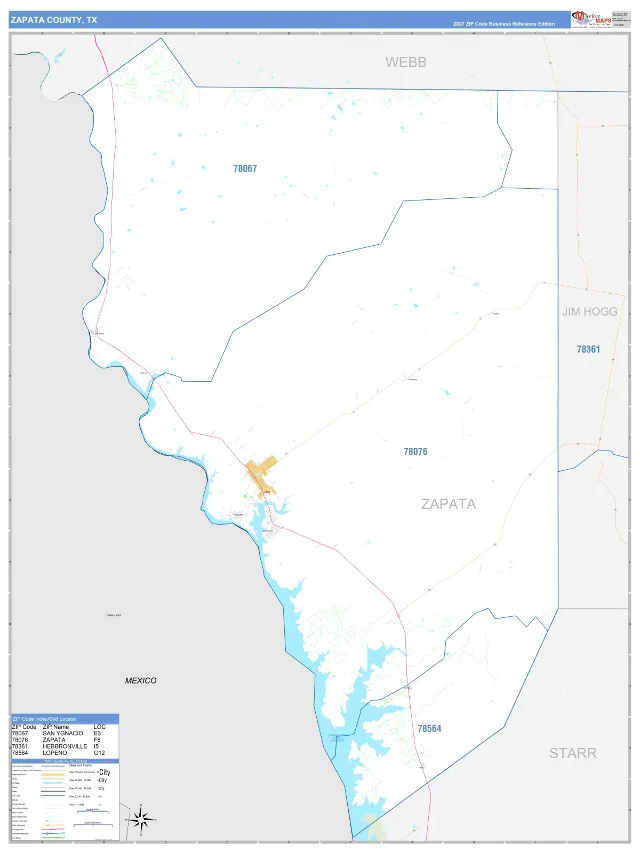Zapata County, TX ZIP Code Wall Map, Business Reference style