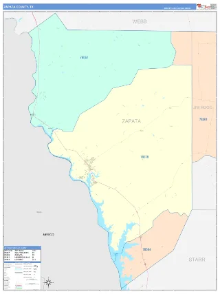 Zapata County, TX ColorCast style ZIP Code wall map