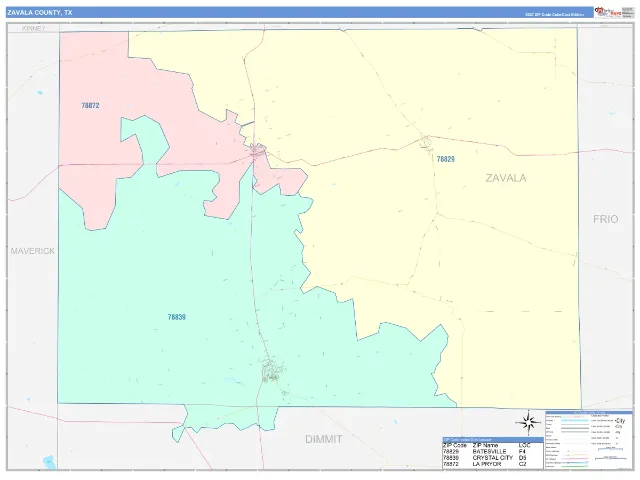 Zavala County, TX ZIP Code Wall Map, ColorCast style