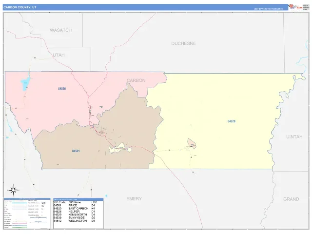 Carbon County, UT ZIP Code Wall Map, ColorCast style
