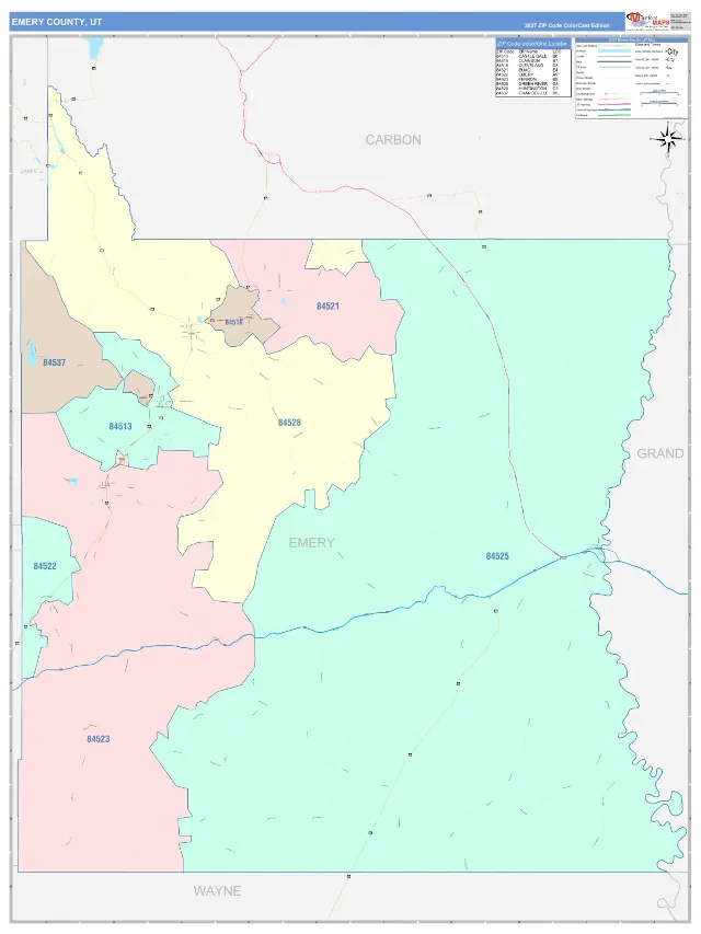 Emery County, UT ZIP Code Wall Map, ColorCast style