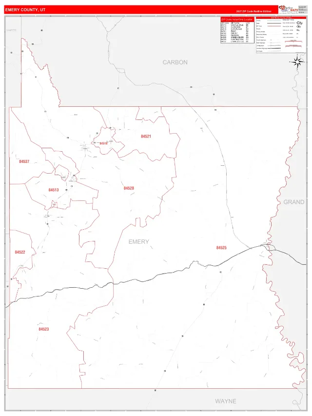 Emery County, UT ZIP Code Wall Map, RedLine style