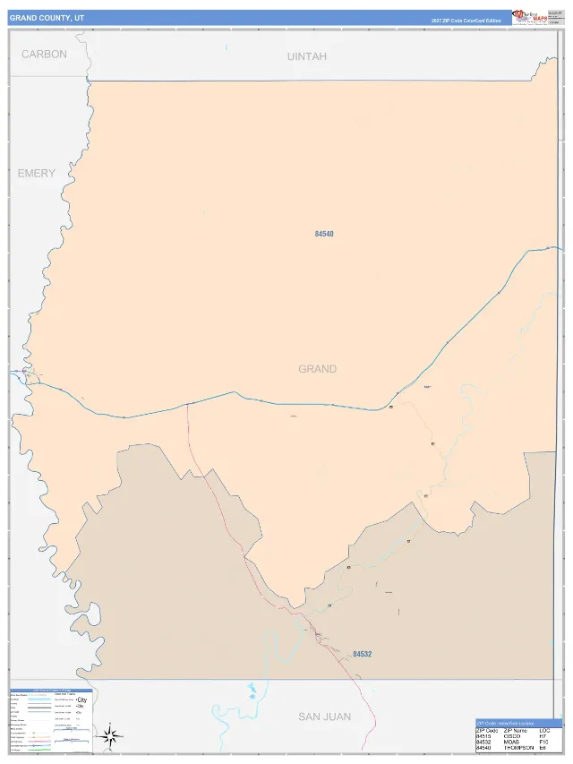 Grand County, UT ZIP Code Wall Map, ColorCast style