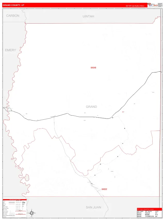 Grand County, UT ZIP Code Wall Map, RedLine style
