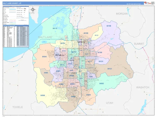 Salt Lake County, UT ZIP Code Wall Map, ColorCast style