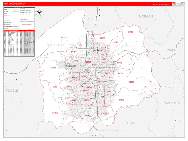 Salt Lake County, UT ZIP Code Wall Map, RedLine style