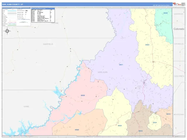 San Juan County, UT ZIP Code Wall Map, ColorCast style