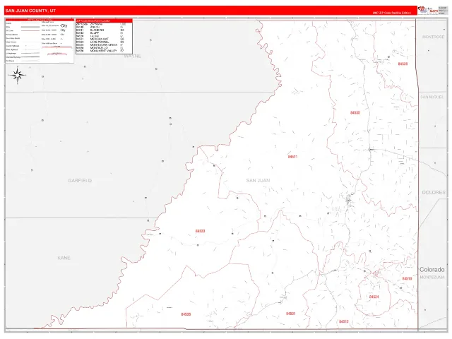 San Juan County, UT ZIP Code Wall Map, RedLine style