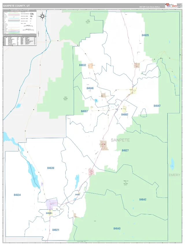 Sanpete County, UT ZIP Code Wall Map, Classic style