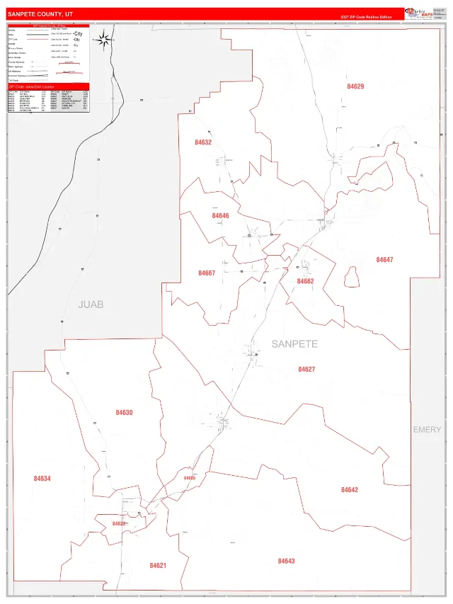 Sanpete County, UT ZIP Code Wall Map, RedLine style