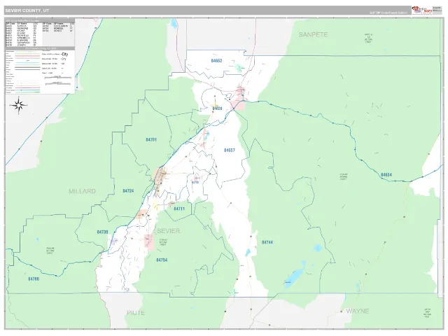 Sevier County, UT ZIP Code Wall Map, Classic style