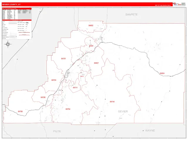 Sevier County, UT ZIP Code Wall Map, RedLine style