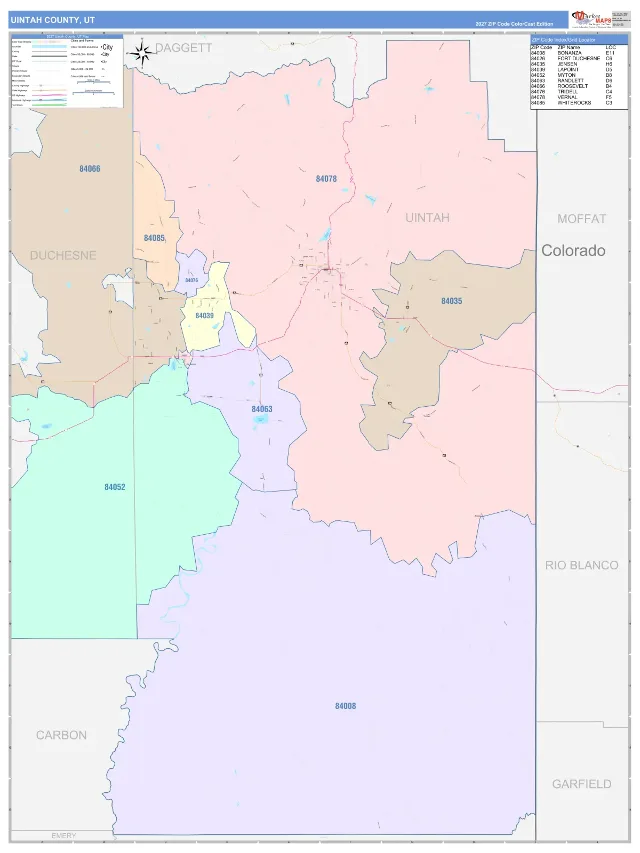 Uintah County, UT ZIP Code Wall Map, ColorCast style