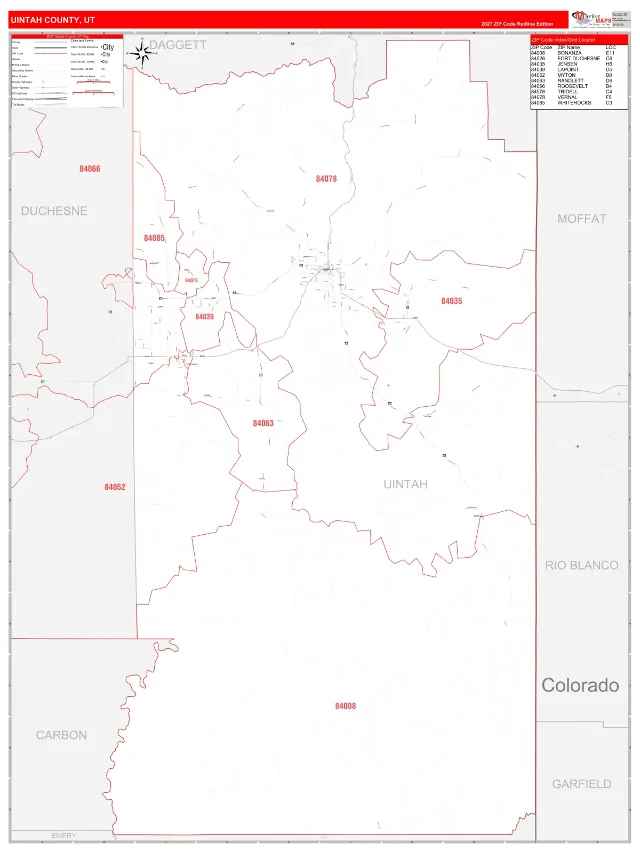 Uintah County, UT ZIP Code Wall Map, RedLine style