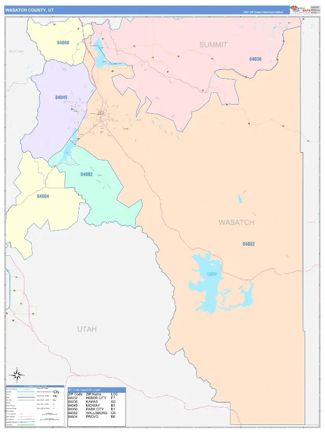 Wasatch County, UT ZIP Code Wall Map, ColorCast style