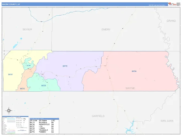 Wayne County, UT ZIP Code Wall Map, ColorCast style