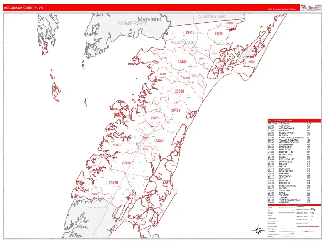 Accomack County, VA ZIP Code Wall Map, RedLine style