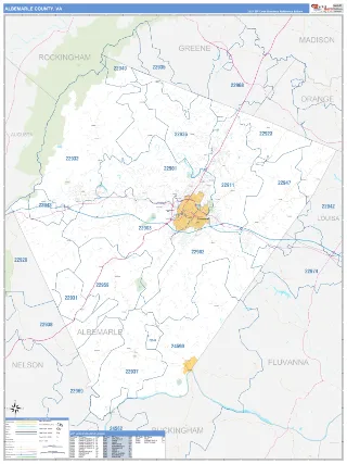 Albemarle County, VA Business Reference style ZIP Code wall map