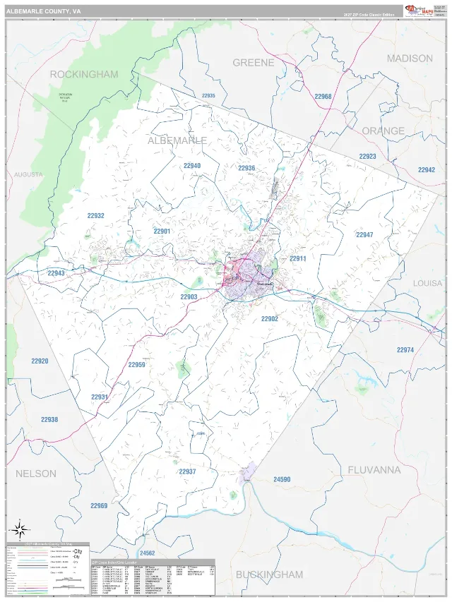 Albemarle County, VA ZIP Code Wall Map, Classic style