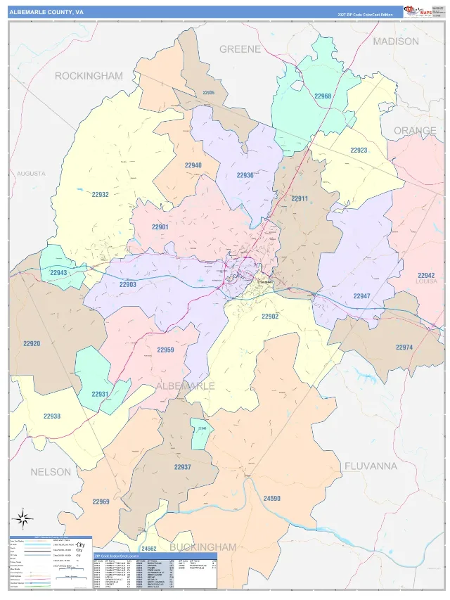 Albemarle County, VA ZIP Code Wall Map, ColorCast style