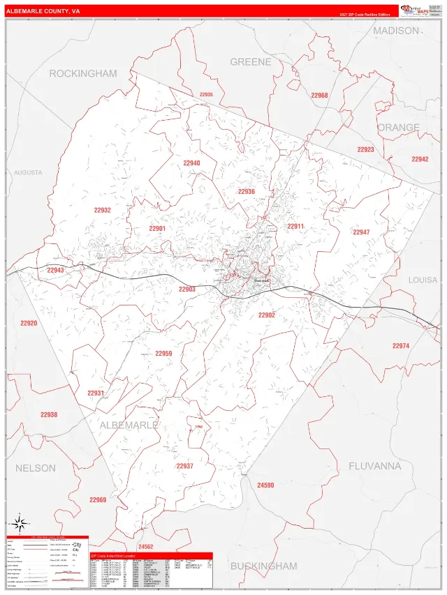 Albemarle County, VA ZIP Code Wall Map, RedLine style
