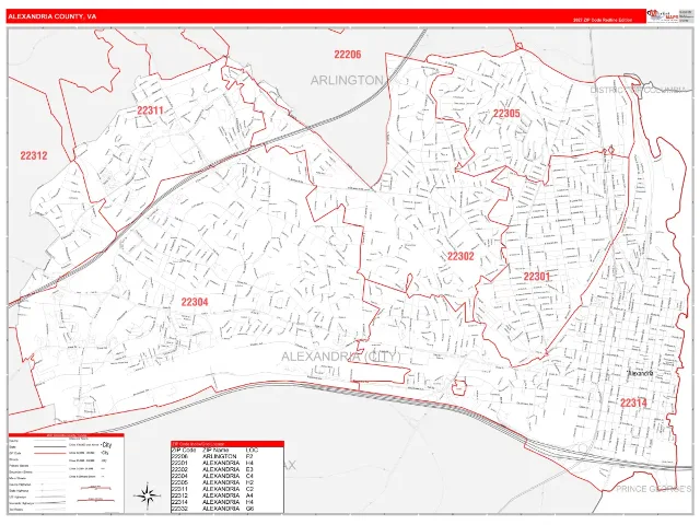 Alexandria County, VA ZIP Code Wall Map, RedLine style