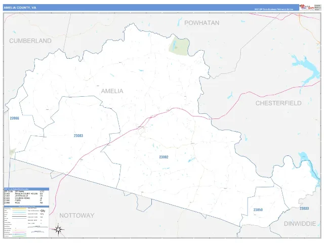 Amelia County, VA ZIP Code Wall Map, Business Reference style
