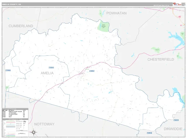 Amelia County, VA ZIP Code Wall Map, Classic style