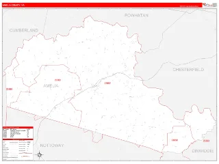 Amelia County, VA RedLine style ZIP Code wall map