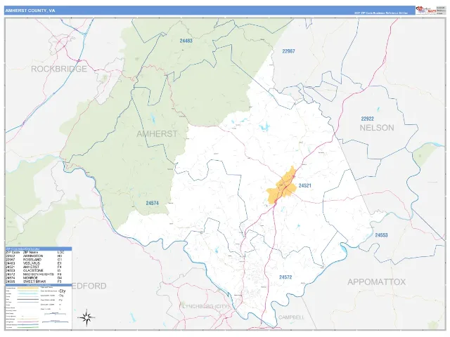 Amherst County, VA ZIP Code Wall Map, Business Reference style