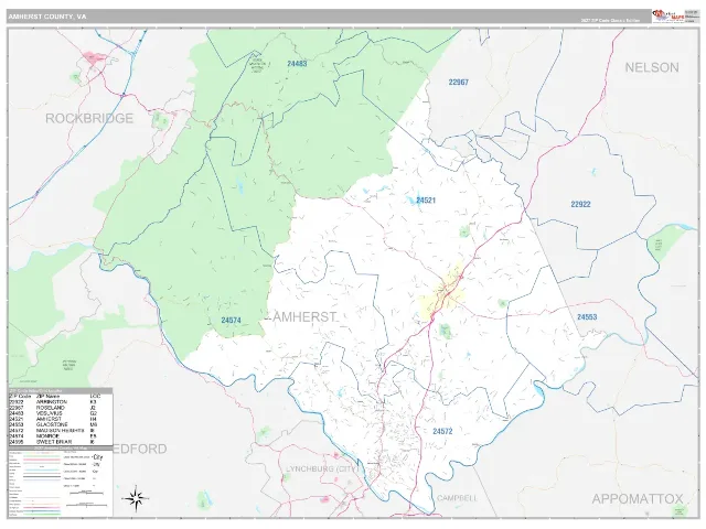 Amherst County, VA ZIP Code Wall Map, Classic style