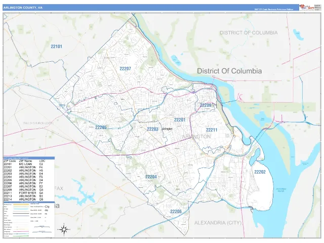 Arlington County, VA ZIP Code Wall Map, Business Reference style