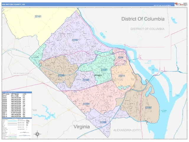 Arlington County, VA ZIP Code Wall Map, ColorCast style