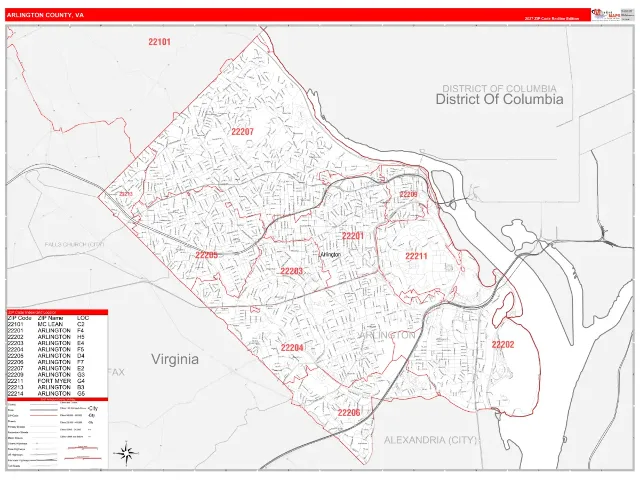 Arlington County, VA ZIP Code Wall Map, RedLine style