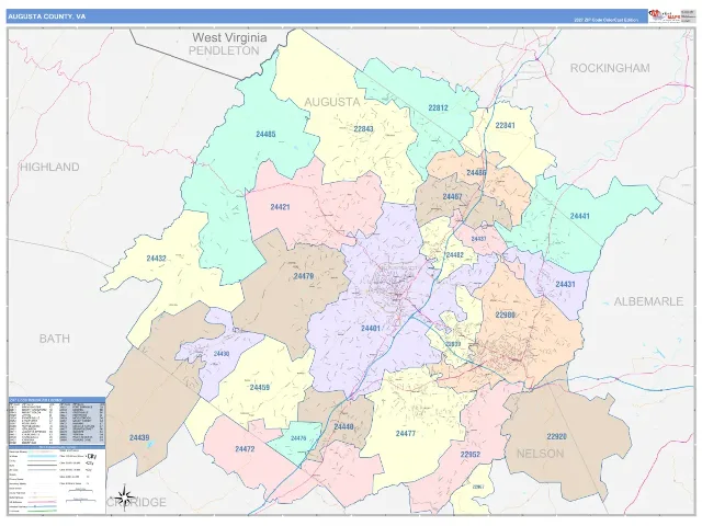 Augusta County, VA ZIP Code Wall Map, ColorCast style