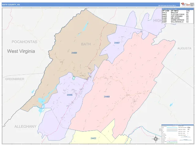 Bath County, VA ZIP Code Wall Map, ColorCast style