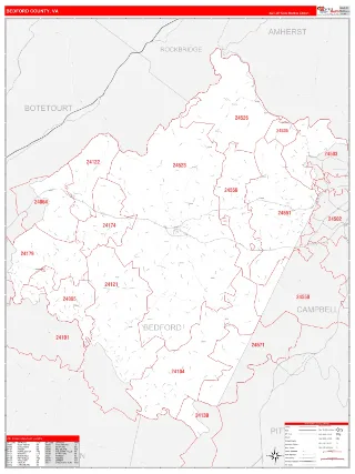 Bedford County, VA RedLine style ZIP Code wall map