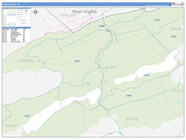 Bland County, VA ZIP Code Wall Map, Business Reference style