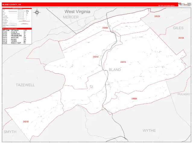 Bland County, VA ZIP Code Wall Map, RedLine style