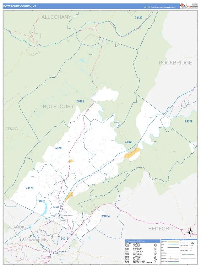 Botetourt County, VA ZIP Code Wall Map, Business Reference style