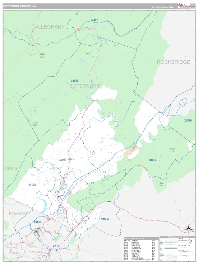 Botetourt County, VA ZIP Code Wall Map, Classic style