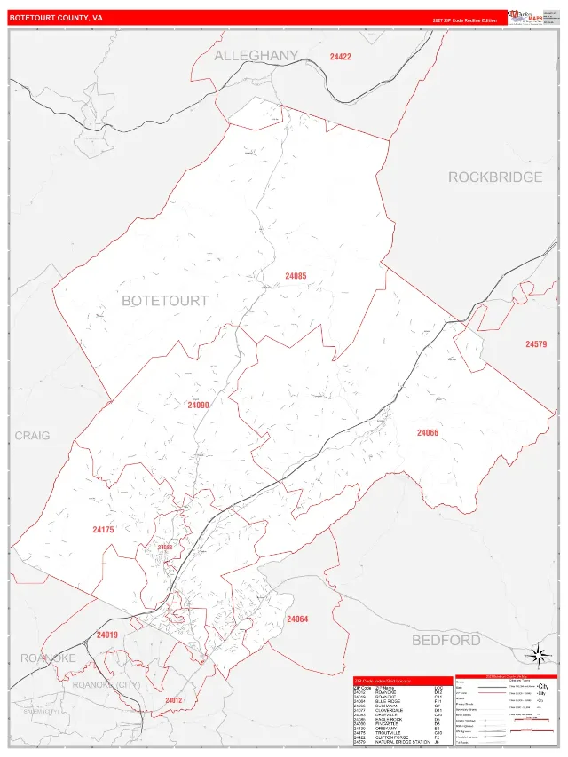 Botetourt County, VA ZIP Code Wall Map, RedLine style
