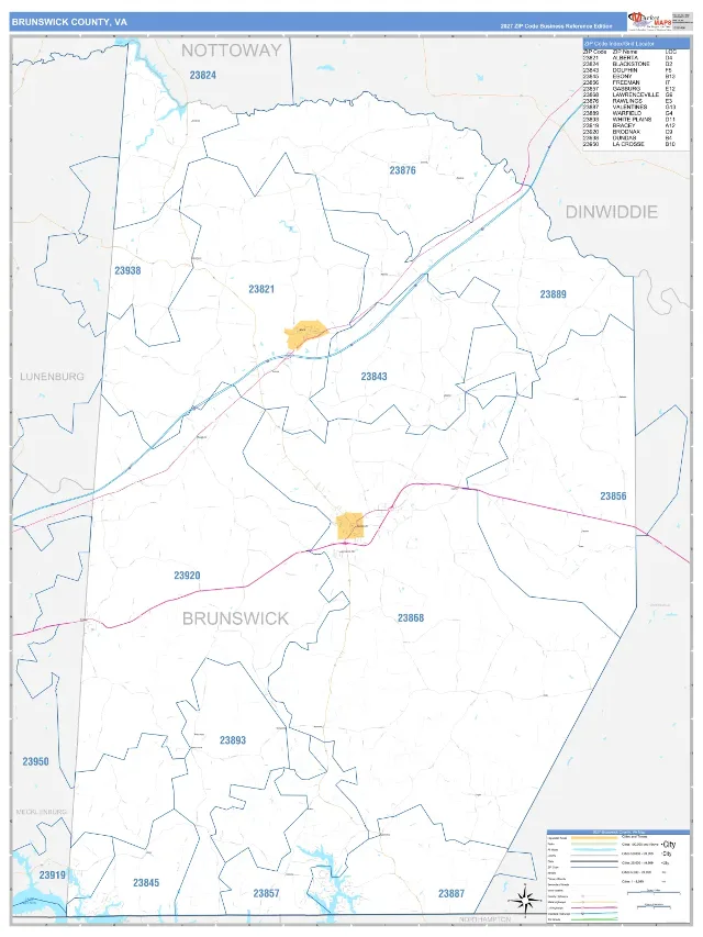 Brunswick County, VA ZIP Code Wall Map, Business Reference style
