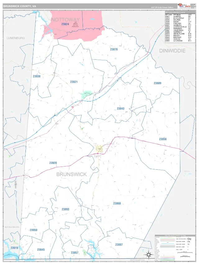 Brunswick County, VA ZIP Code Wall Map, Classic style