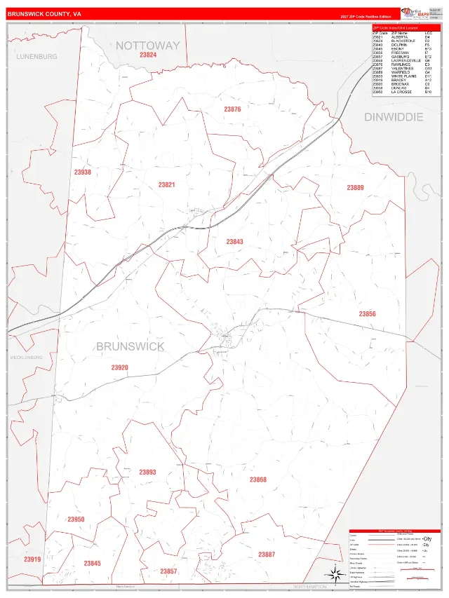 Brunswick County, VA ZIP Code Wall Map, RedLine style